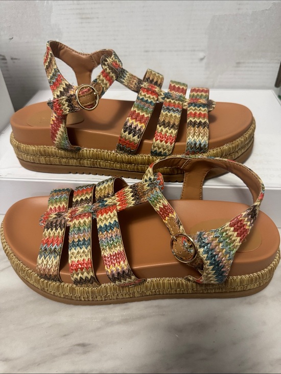 Crown Vintage Shoes - Crown Vintage Multicolor Woven Strappy Sandals with Tan Footbed